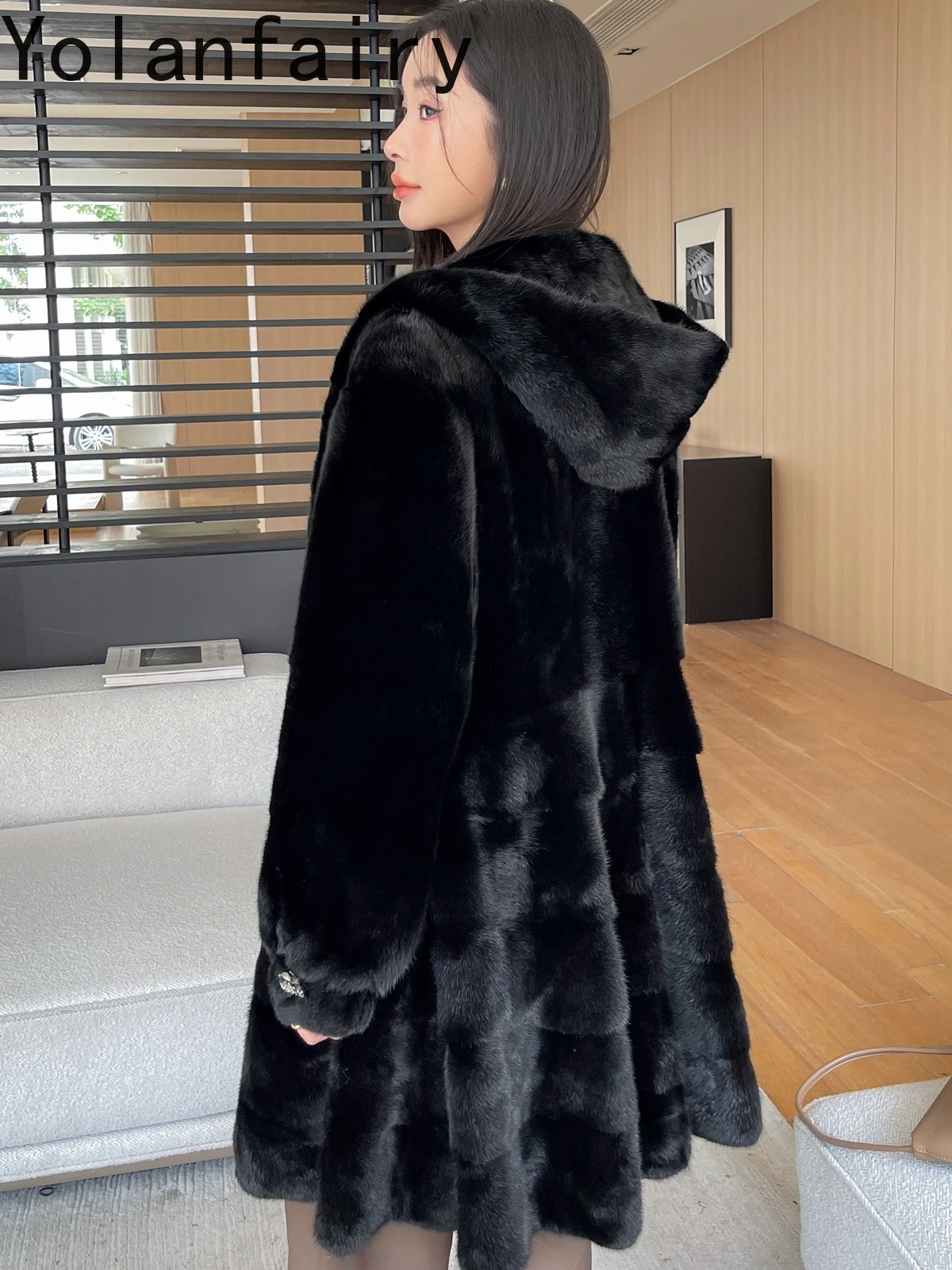YOLANFAIRY haute qualité manteau de fourrure de vison avec capuche hiver mi-longue femmes veste de fourrure noire élégant réel manteaux de fourrure femme Abrigos