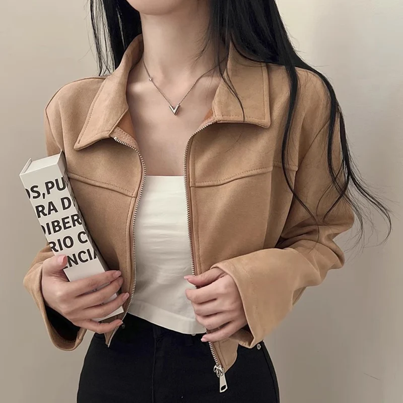 Chaqueta Corta de Cuero y Terciopelo de Manga Larga Estilo Retro Chic para Mujer, Corte Hoado, Cuello con Cremallera, Prend...