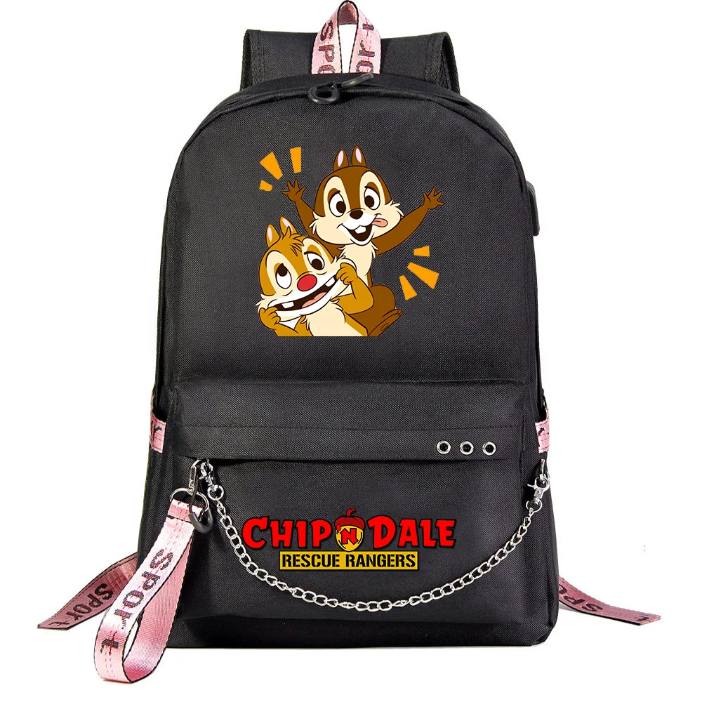 Disney Cute Chip n Dale Students School Bag Women Men Causal Travel Laptop Backpack with Charging USB Teenager Backpacks