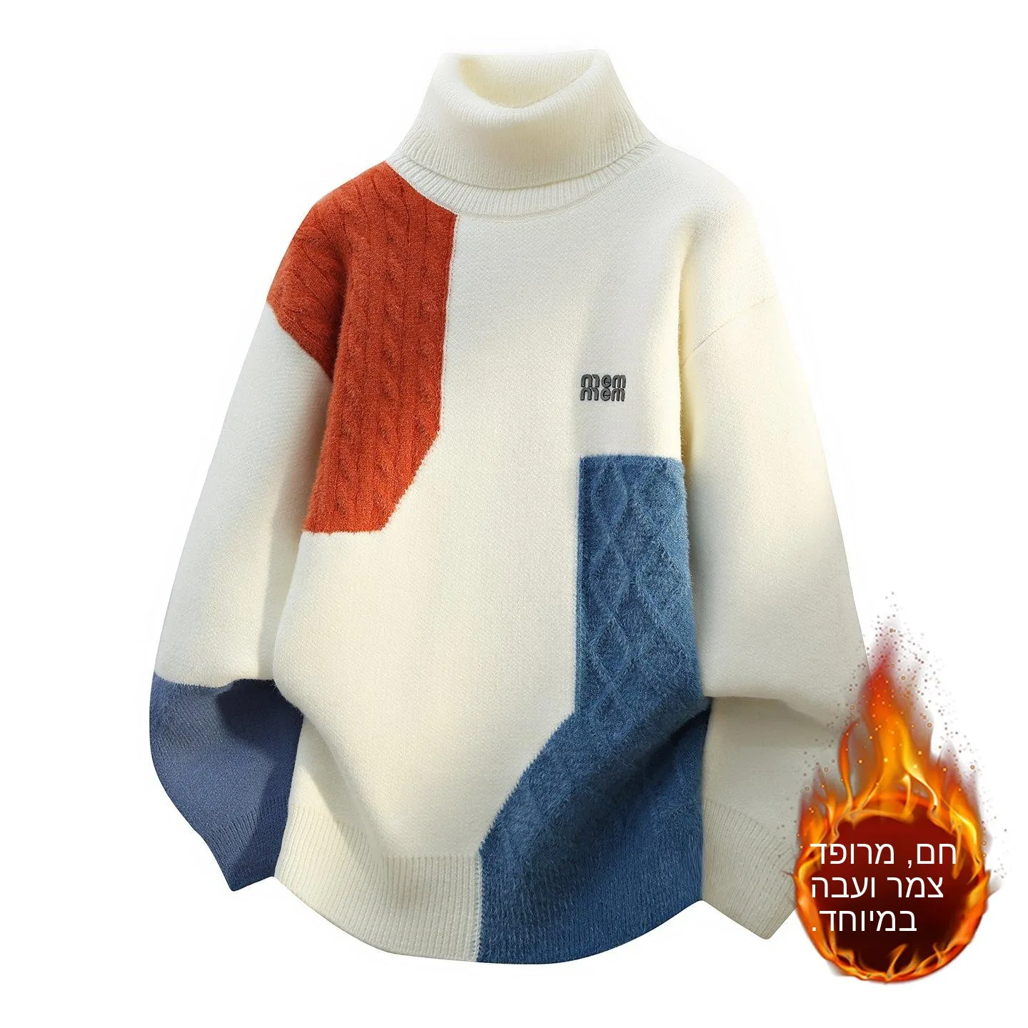 

Men's Loose Fit High Collar Fleece Lined Knitted Sweater Thickened Winter Warm Fashion Brand Patchwork Design Knitwear