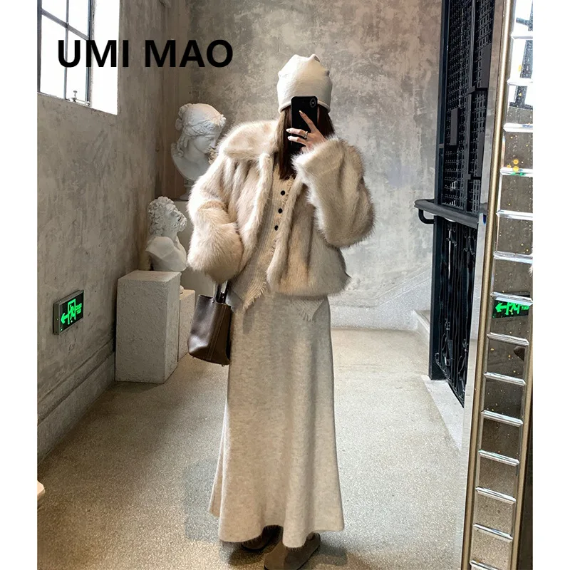 

UMI MAO винтажные куртки с большими лацканами и большим лицом для похудения, искусственный канин, натуральный мех, экологически чистое короткое стильное пальто Femme