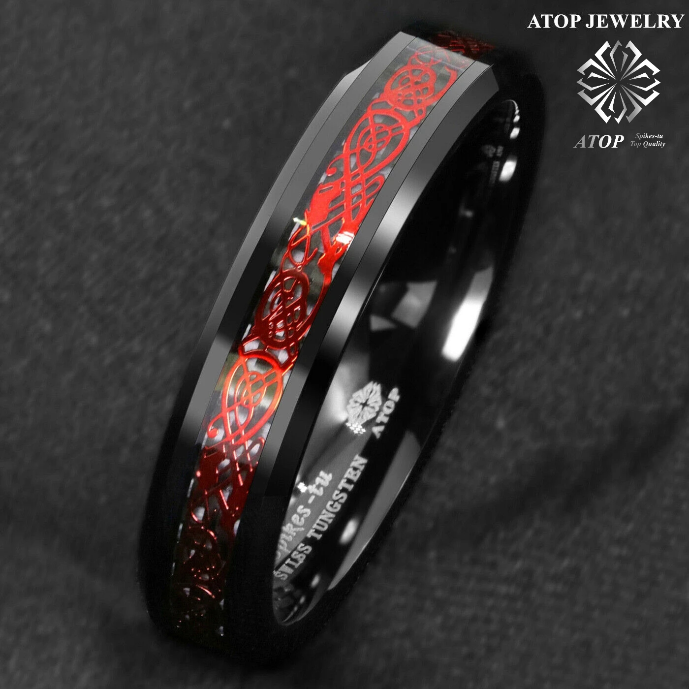 ATOP 6mm Men Black Red Tungsten Ring Wedding Band Celtic Dragon Carbon fiber