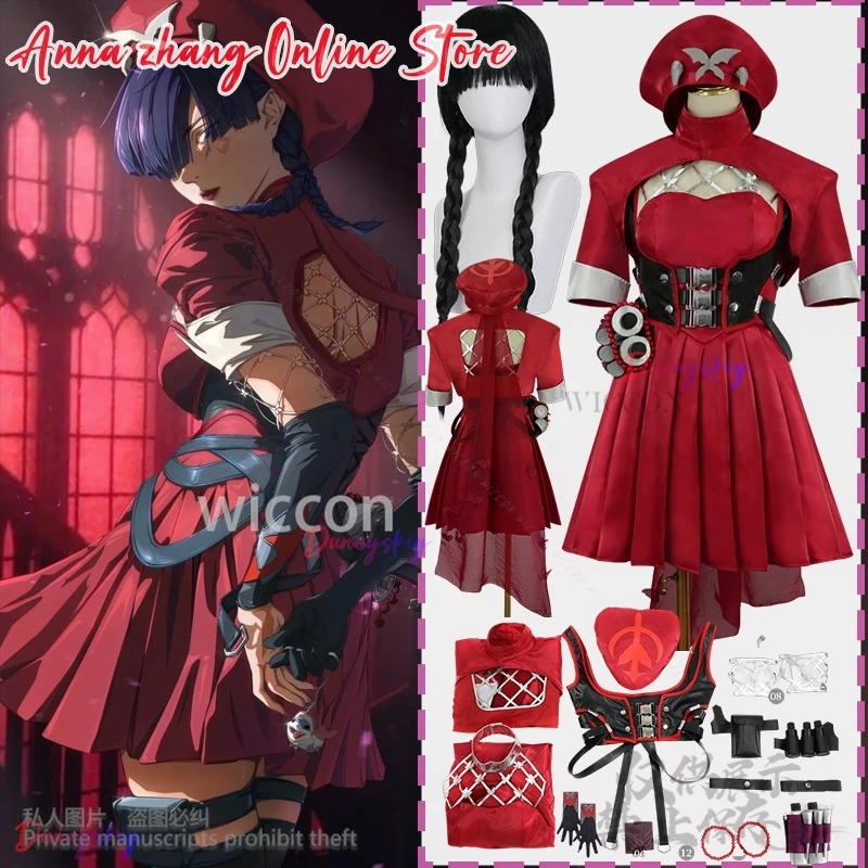 

Blood Kariudo Psylocke Cosplay Game Rivals Costume Red Sailor Suits Hat Sexy Dress Lolita Gothic Double Ponytail Cos 코스프레