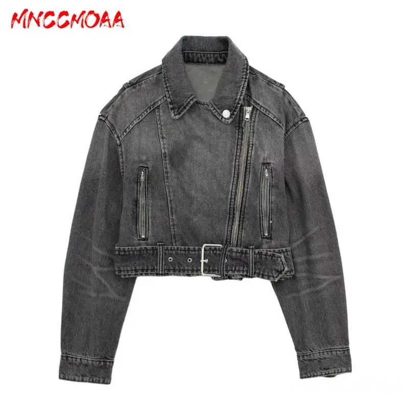 MNCCMOAA-Women's Loose Denim Zipper Jacket, Casual Long Sleeve Coat, Female Outerwear, Belt Top, Fashion, Autumn, 2024