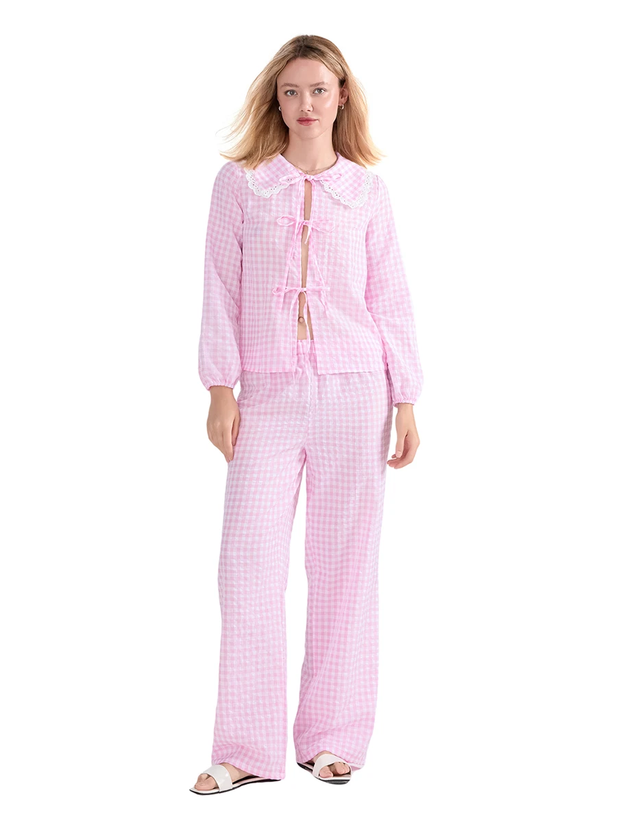 Women's Fall Loungewear Set Plaid Print Doll Collar Long Sleeve Tie Front Shirt with Elastic Waist Pants Sleepwear