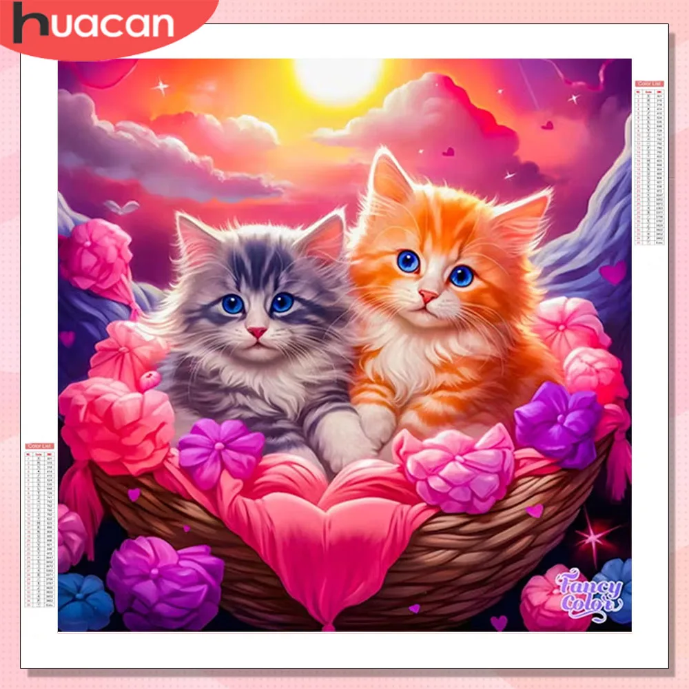 HUACAN Diamantkunst Katze Tier Handarbeiten Strass Vollquadratisch Rund Diamant-Mosaik Blumenmalerei