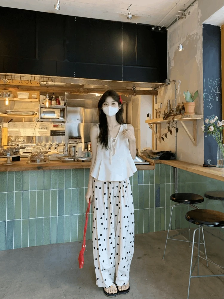

2026 Petite Women's Casual Suit Summer New Arrival Tie Front Cami Polka Dot Wide Leg Pants Two Piece Set