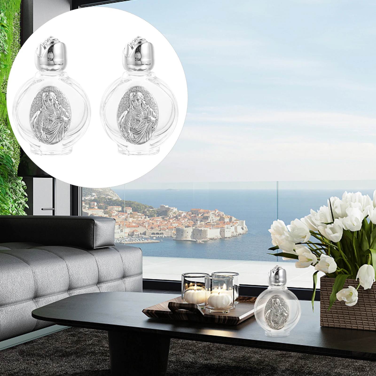 

2Pcs Clear Holy Water Bottles Embossed Glass Small Portable Refillable Bottles for Church Festival Baptism Wedding Party