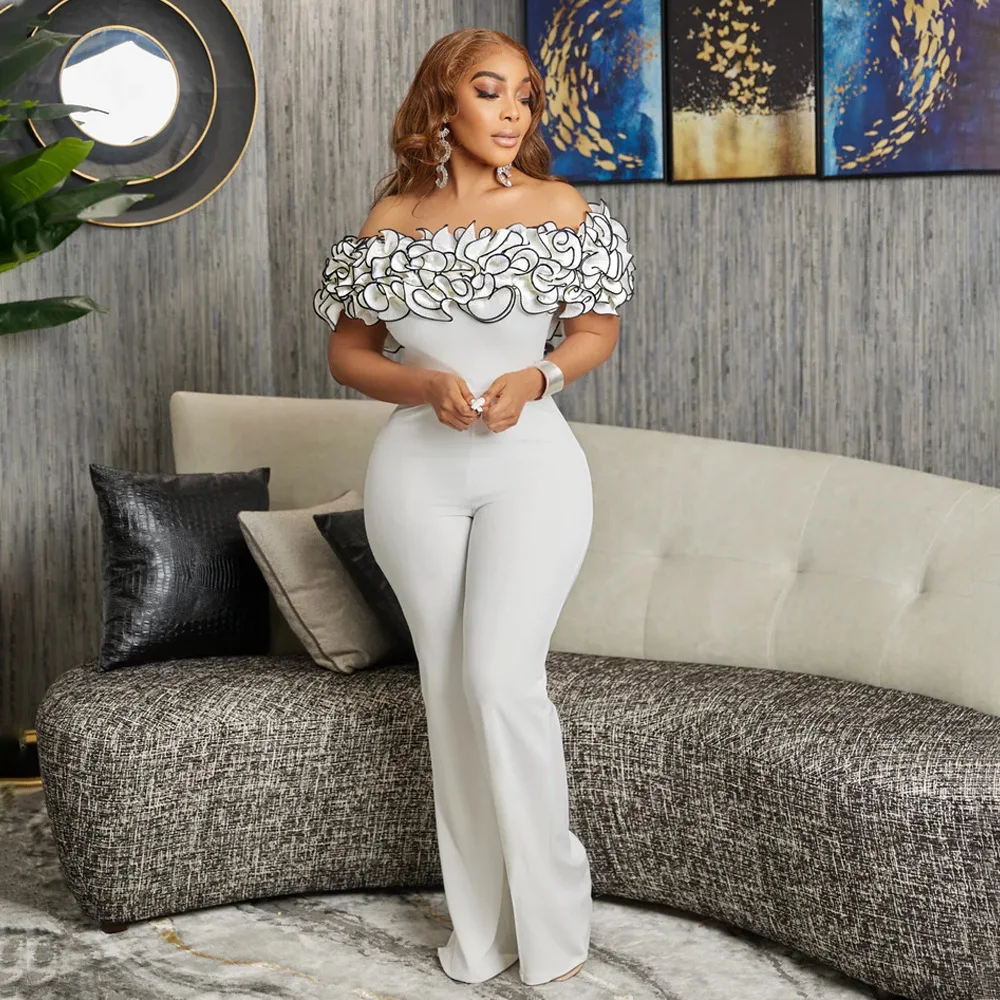 C8593 Women's Fashion 2026 New Off-shoulder One-shoulder Ruffle Sexy High-waisted Solid Color Jumpsuit Midi Boho
