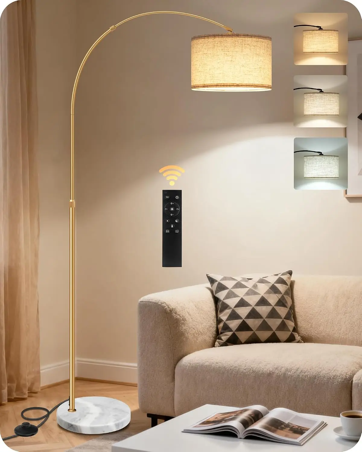 

75" Arc Floor Lamp with Marble Base, Adjustable Height, Dimmable, Remote & Foot Switch, 3 Color Temperatures, Timer