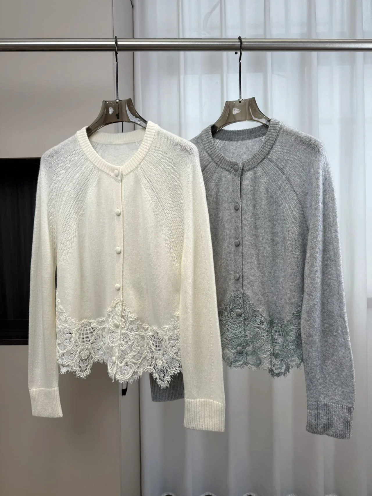 

Women Lace Stitching Knitted Cardigan Round Neck Single Breasted Long Sleeve Elegant Ladies Sweater