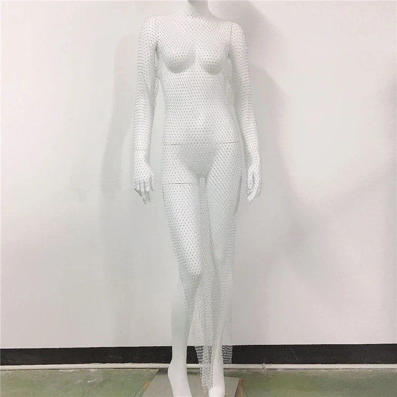 Glitzerndes Strass-Netzkleid für Damen, Transparentes Mesh-Strandkleid, Party-Club-Maxikleid 2026, Atmungsaktives Sommerkleid für Frauen – Detail 8
