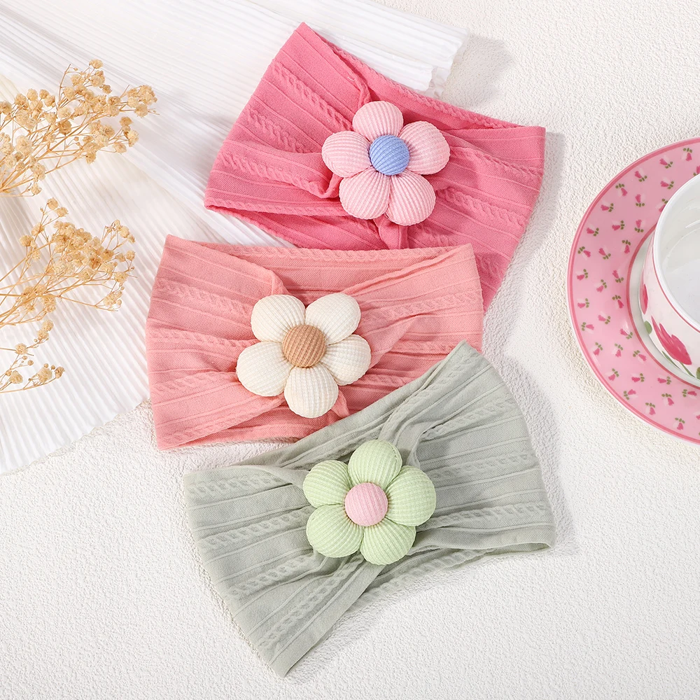3-teiliges Baby-Stirnband-Set für Mädchen, Strickkabel, breiter Turban, weiches, elastisches Nylon-Haarband, Blume, Haarschmuck für Neugeborene und Kleinkinder