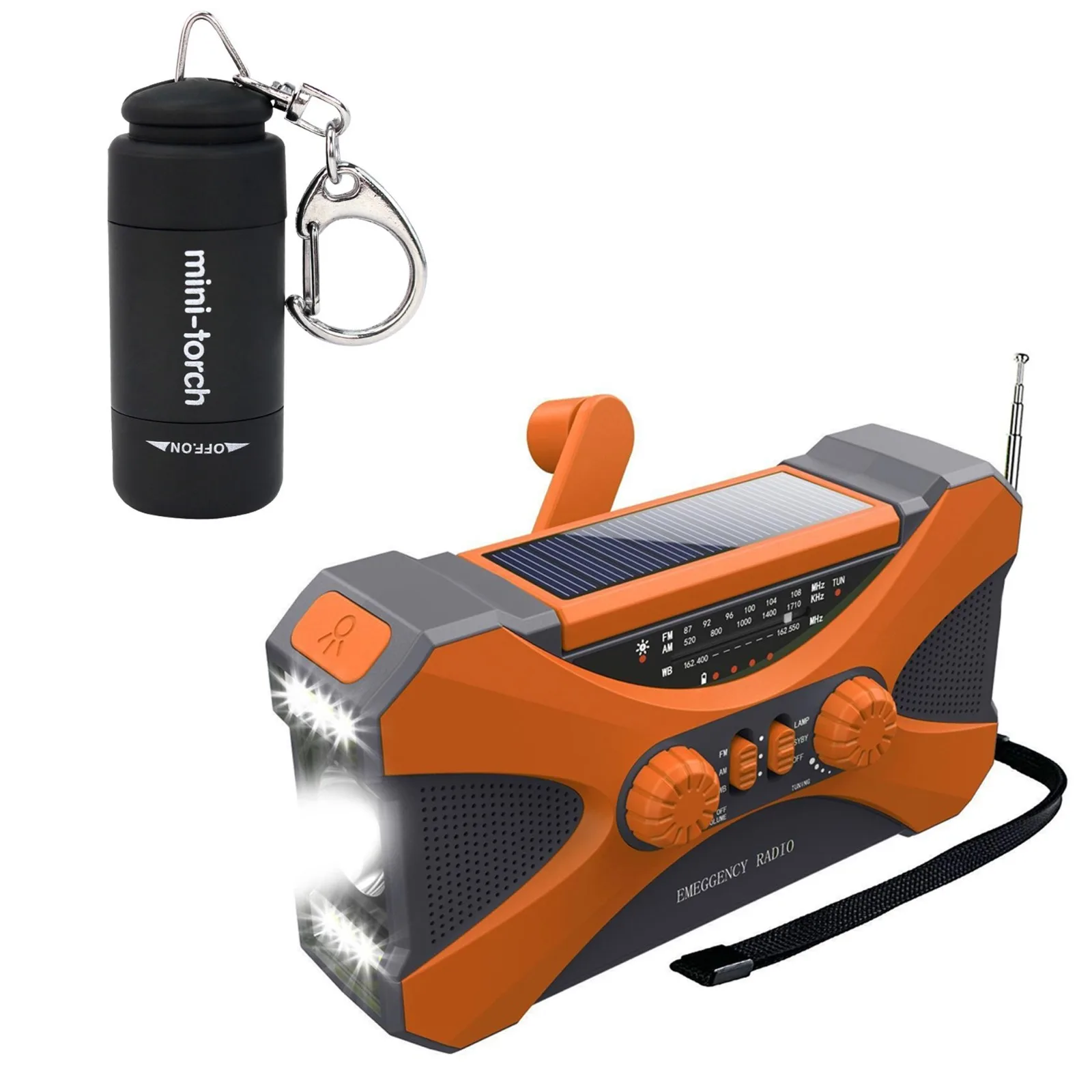 

Mini Keychain Flashlight - USB Rechargeable LED, Lightweight & Portable. With 10000mAh Solar/Crank Radio, AM/FM/NOAA, Dual Speakers, Phone Charger, LED Light, SOS, for Camping, Hiking, Outdoor Adventure.