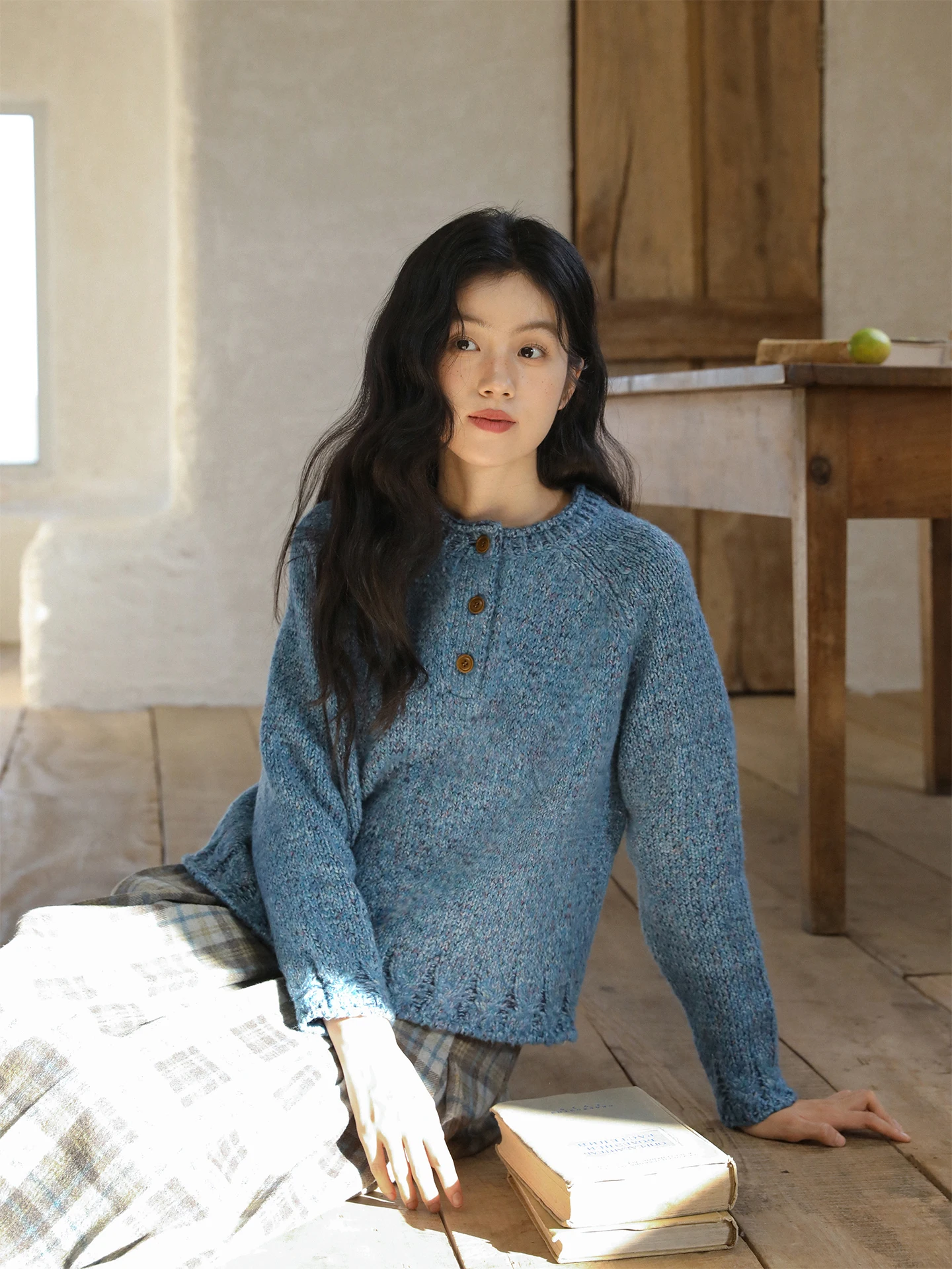 

Nesoulum Women's Loose Knitted Sweater Winter Artistic Vintage Overhead Sle Blue Deep Sea Dot Pattern Casual Top