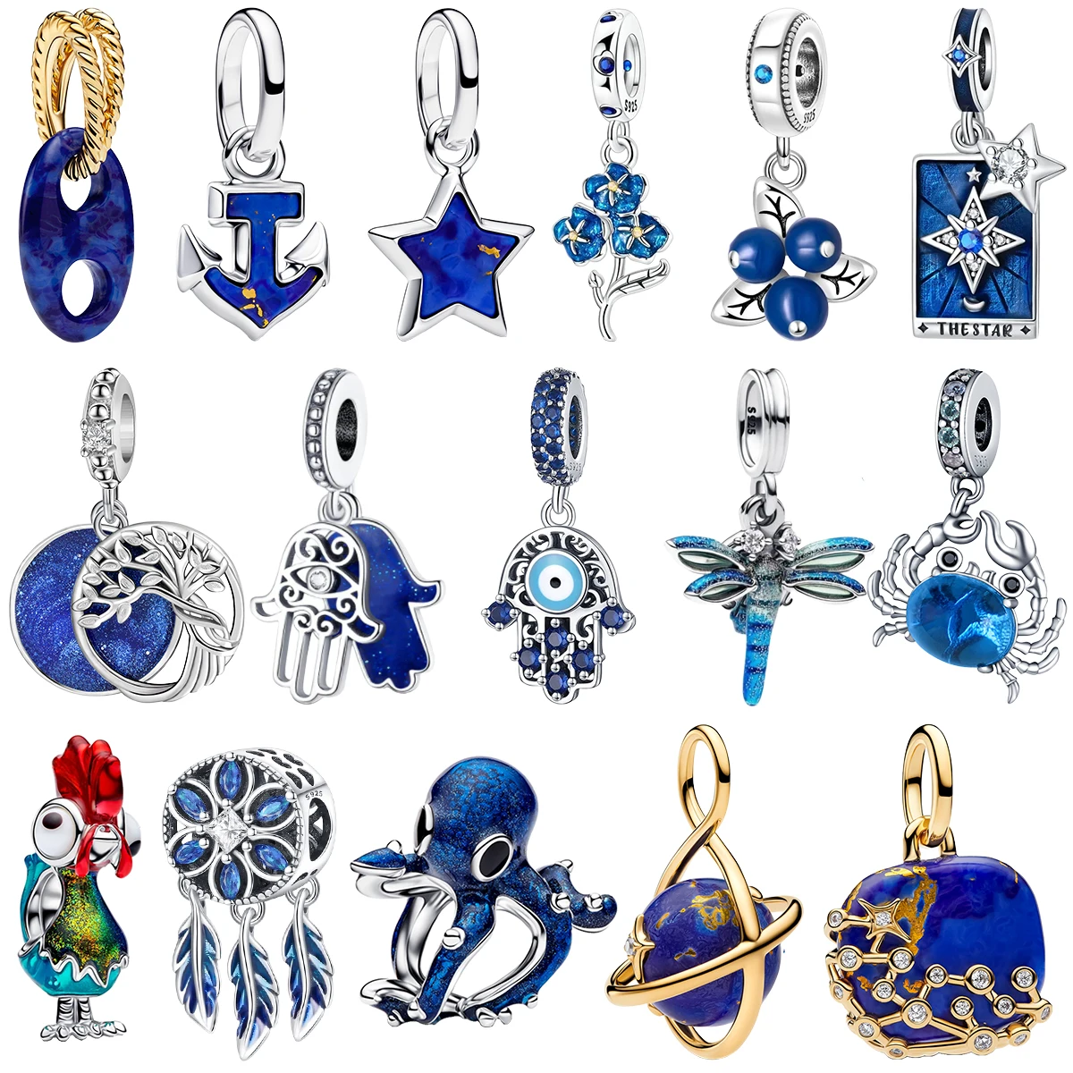 925 Sterling Silver Charms Blue Anchor Star Hamsa Hand Dragonfly Octopus Crab Paw Print Tarot Pendant Fit Bracelet DIY Jewelry