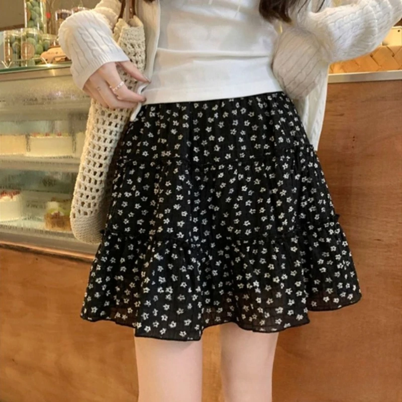 Kawaii Black Floral Print Tiered Ruffle High Waist Slim Fit Petite A Line Mini Cake Skirt Women Girls Summer Daily Casual Wear