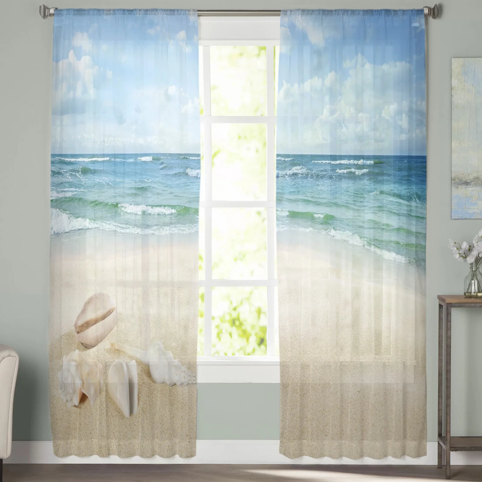 White Cloud Beach Shell Blue Sea Water Scenery Sheer Curtains for Living Room Bedroom Window Treatment Kitchen Chiffon Curtain