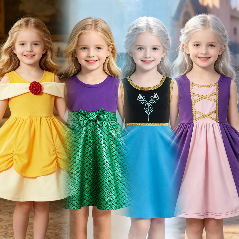 New Elsa Girl Dress Thin Printed Princess Dress Belle Rapunzel Cosplay Costume Carnival Party Dress Kids Clothes Princes Costume