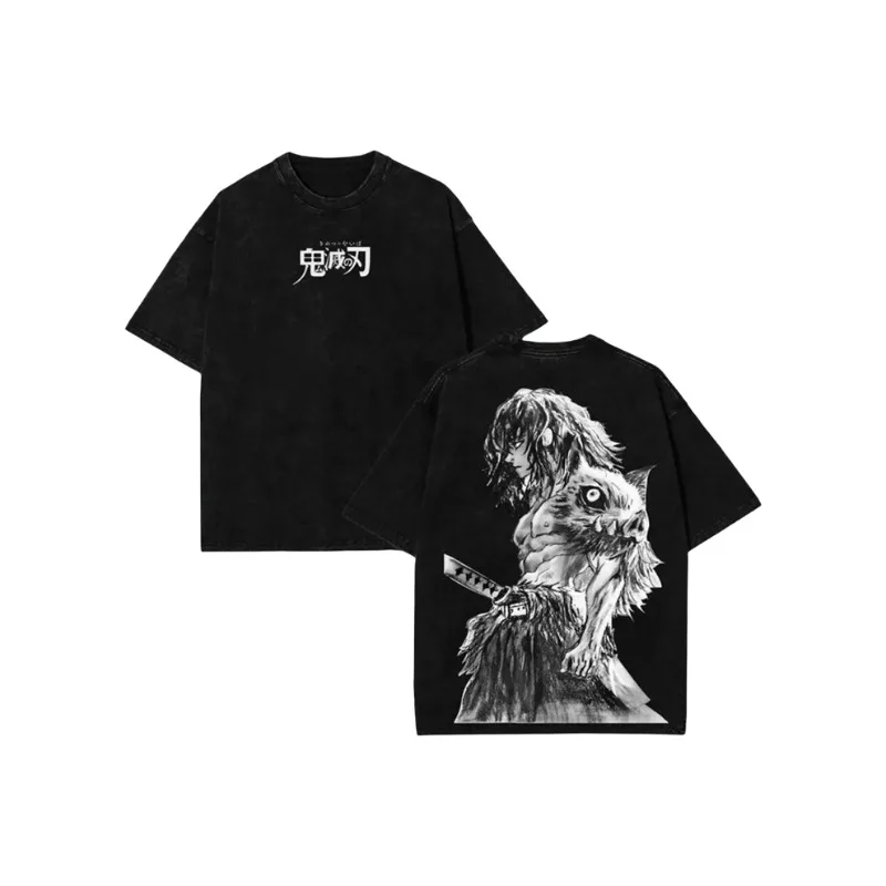 

2026 Japanese Anime Demon Slayer Inosuke Graphic Washes T-shirts Men's Women's Pure Clothing Harajuku Y2K Male Cotton Tops Tee