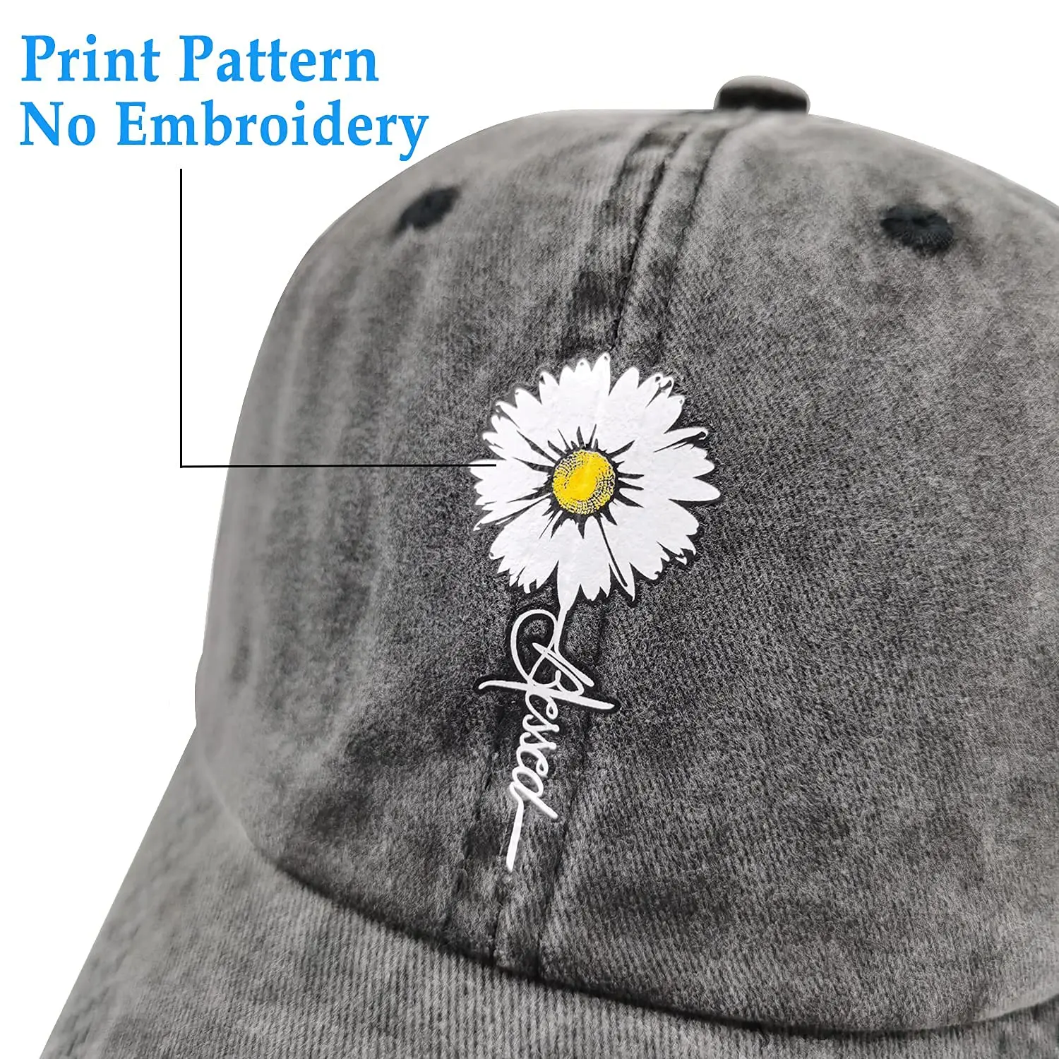 Women's Adjustable Daisy Blessed Hat Faith Vintage Washed Baseball Cap Black