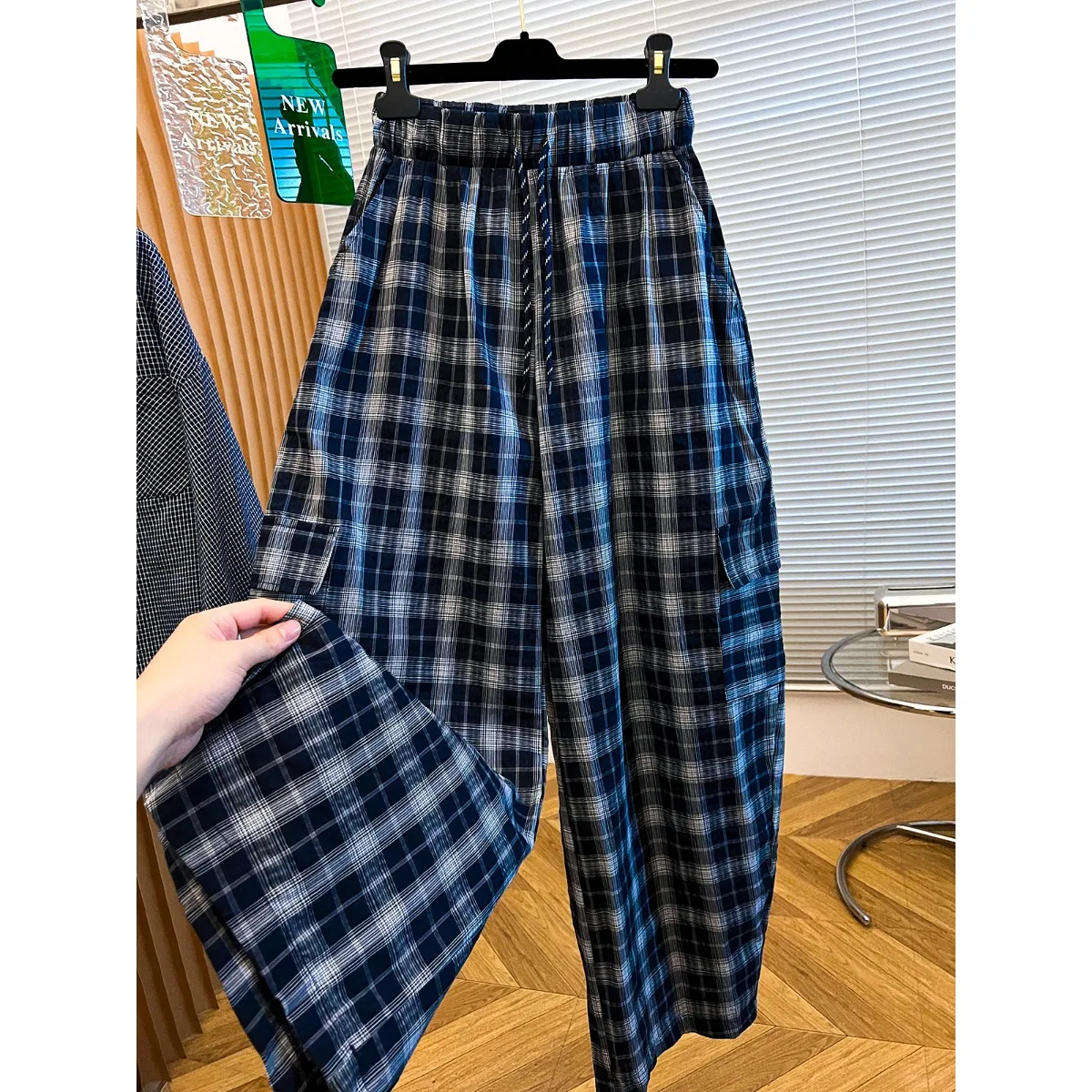 

High Waist Plaid Wide Leg Pants Women's Loose Slimming Banana Pants Casual Spring Seasonal plus Size Trousers Fem Clothing