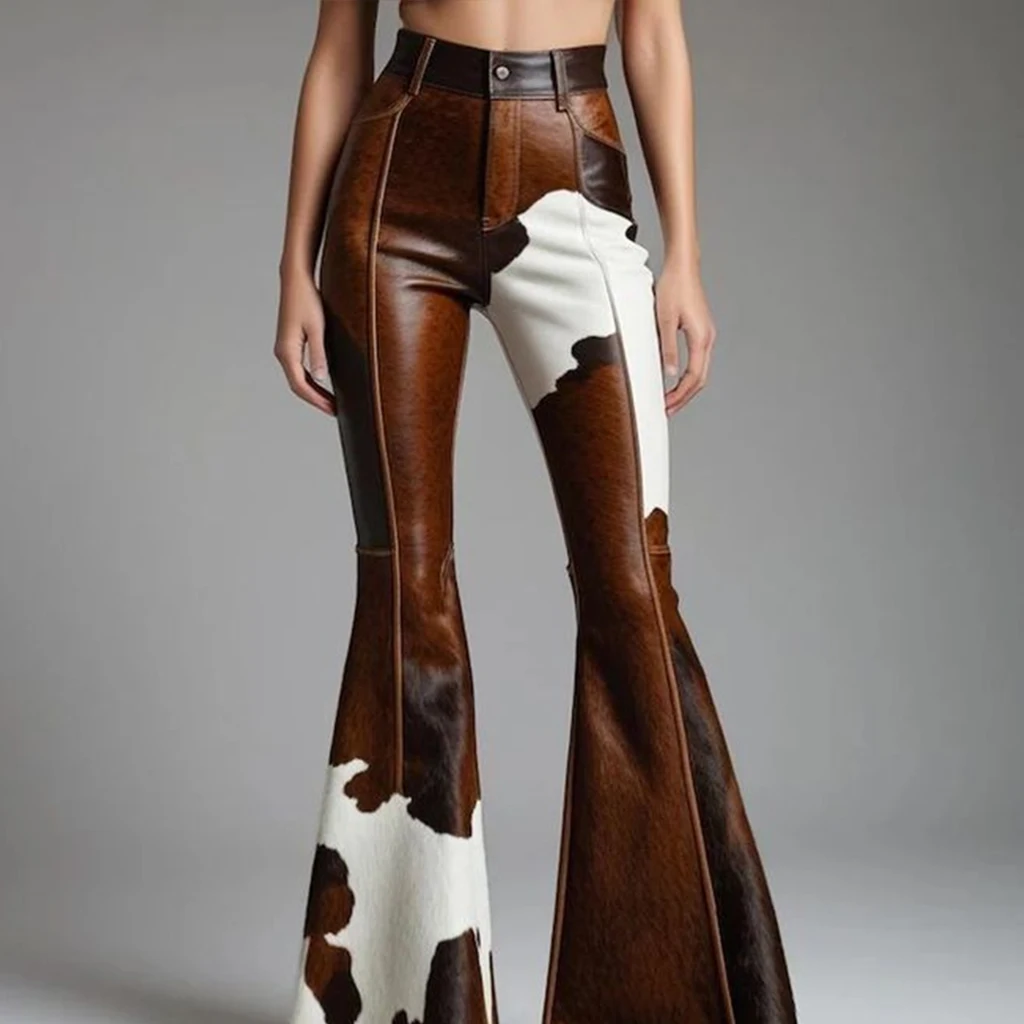 Women Western Cow Print Faux Leather Pants Bell Bottom High Waist Spliced Colorblock Casual Vintage Wide Leg Party Trousers