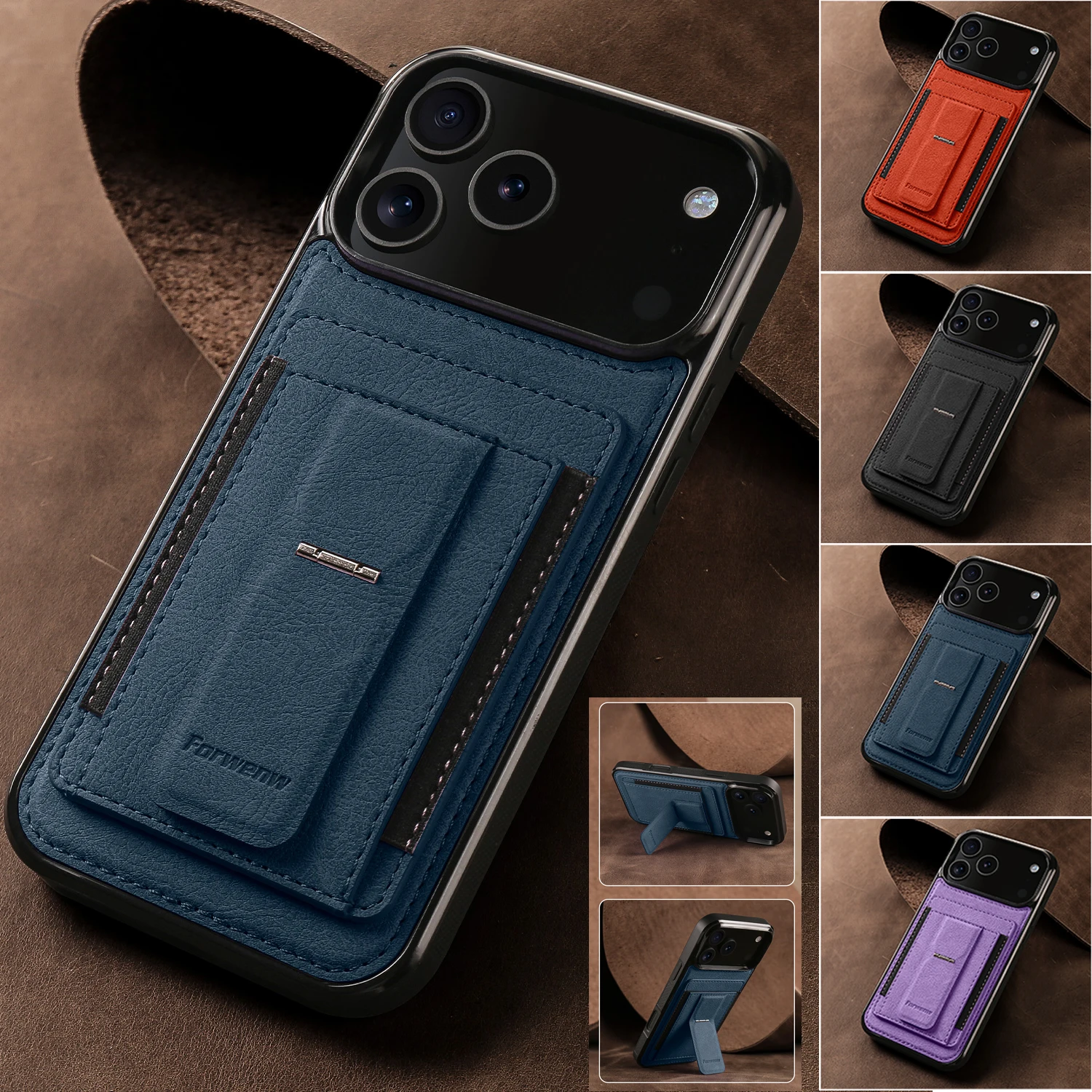 EUCAGR Luxus PU Leder Stand Telefon Fall Für iPhone 17/16/15/14/13/12/11 Pro Max Kabel Slot Halter Abdeckung Für iPhone 17 Pro Max
