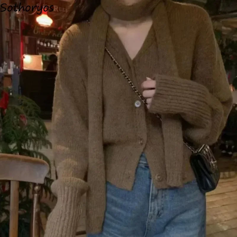 Cárdigans para mujer con cuello en V, combinables con todo, de punto, estilo coreano, sólidos, abrigos de Otoño Invierno para chicas jóvenes, suéteres cálidos de calle Retro