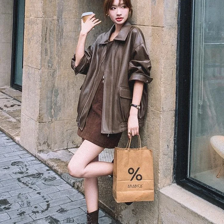 Giacca da donna streetwear retrò allentata corta in ecopelle Pu primavera autunno cappotto con cerniera femminile capispalla da motociclista vintage