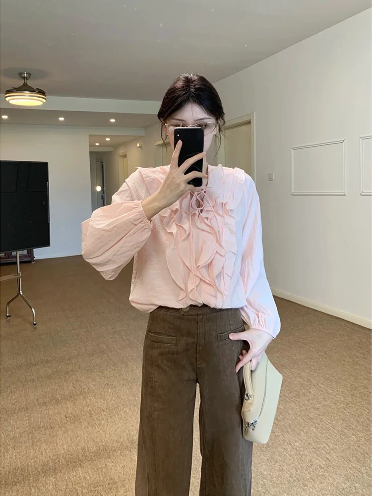 

Faionable Pink Женская универсальная блузка Irt ранней осени New Sle High-End Feel Long Sve V-Ne с бантом