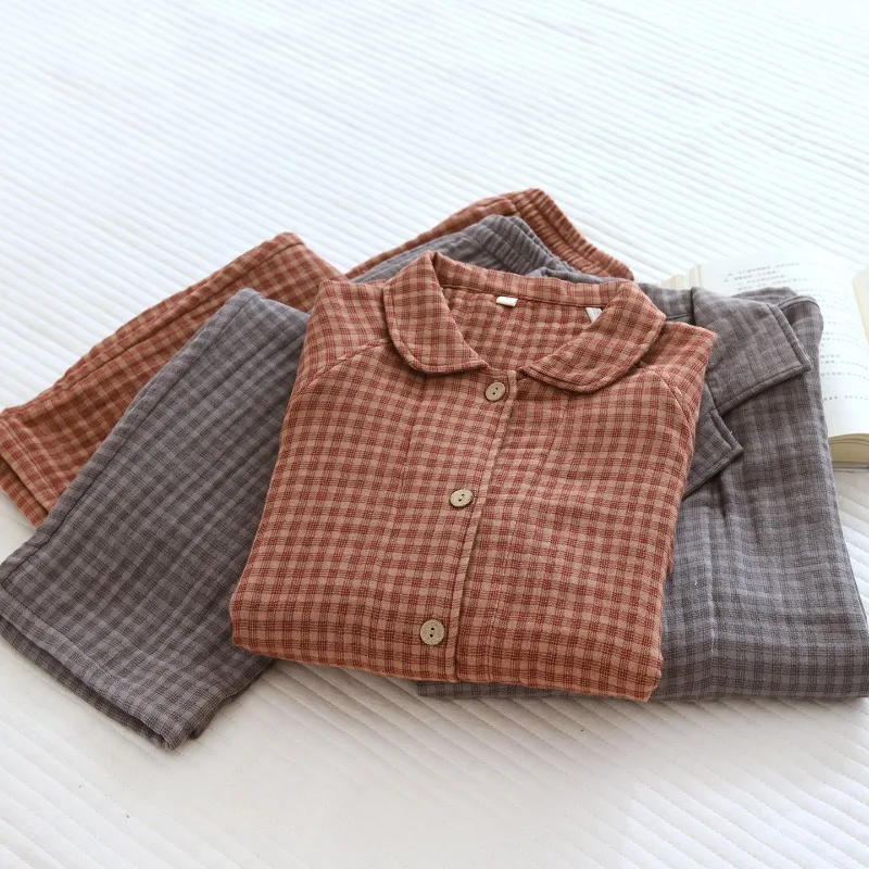 Couple Yarn-Dyed Four Layer Cotton Gauze Pajama Set Soft Breathable Retro Gingham Plaid Unisex Long Sleeve Home Loungewear