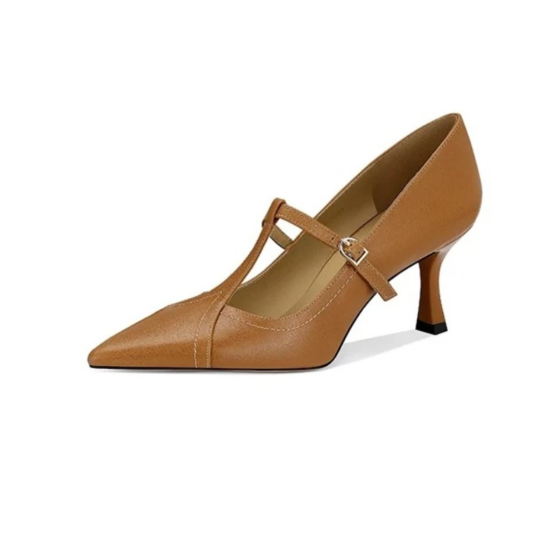 2025 New Genuine Leather Office Ladies Pumps Pointed Toe T-strap Thin High Heels Mary Janes Leather Shoes for Women Dress