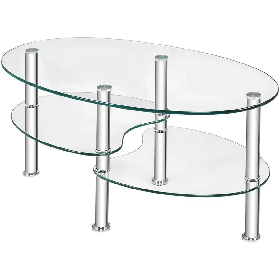 

Glass Coffee Table, 3Tier Modern Oval Smooth Glass Tea Table w Spacious Glass DeskTop amp Sturdy Chrome Plated Legs, End Table