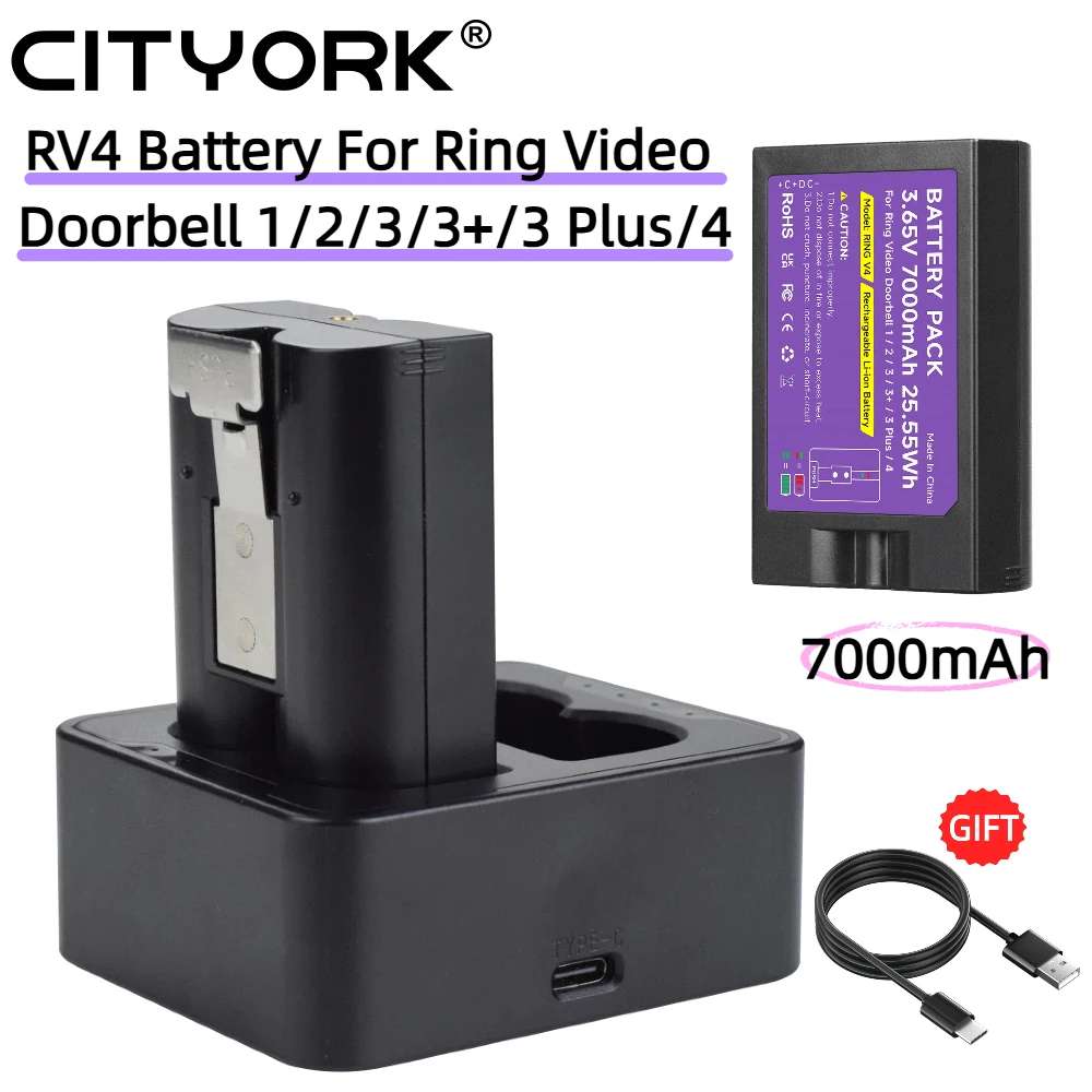 CITYORK 7000mAh RV4 Battery FOR Ring Video Doorbell 1/2/3/3+/3 Plus/4 , 3.65V Cam Replace Li-ion Rechargeability Battery