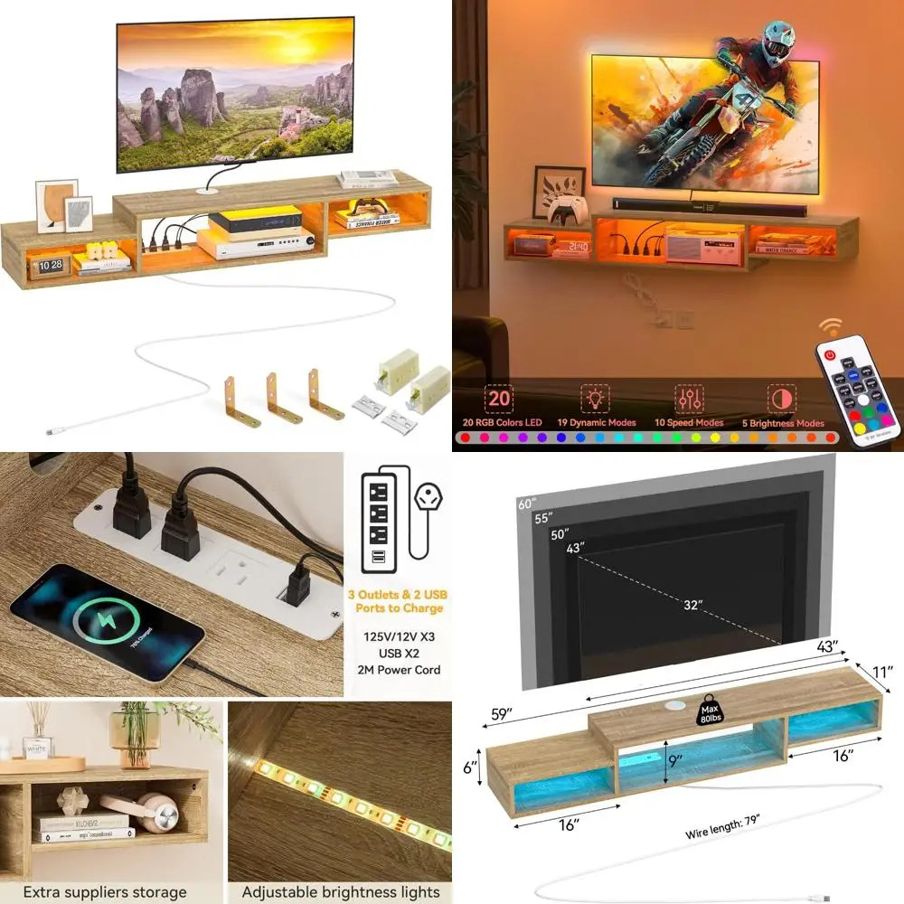 حامل تلفزيون عائم مقاس 59 بوصة مع إضاءة LED ورف تثبيت على الحائط وتخزين ووحدة تحكم الوسائط للترفيه المنزلي