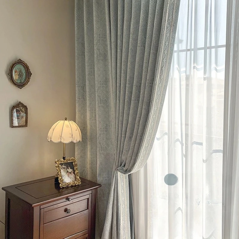Customized Size Luxury High End French Retro Style Dark Pattern Texture Chenille Grey Blue Lace Curtains Bedroom Living Room