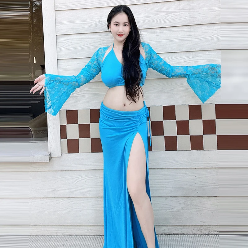 

2024 New Belly Dance Clothing Set Design Women's Three Piece Sexy Yarn Long Sleeve High Split Long Dress Dancer Belly Dance