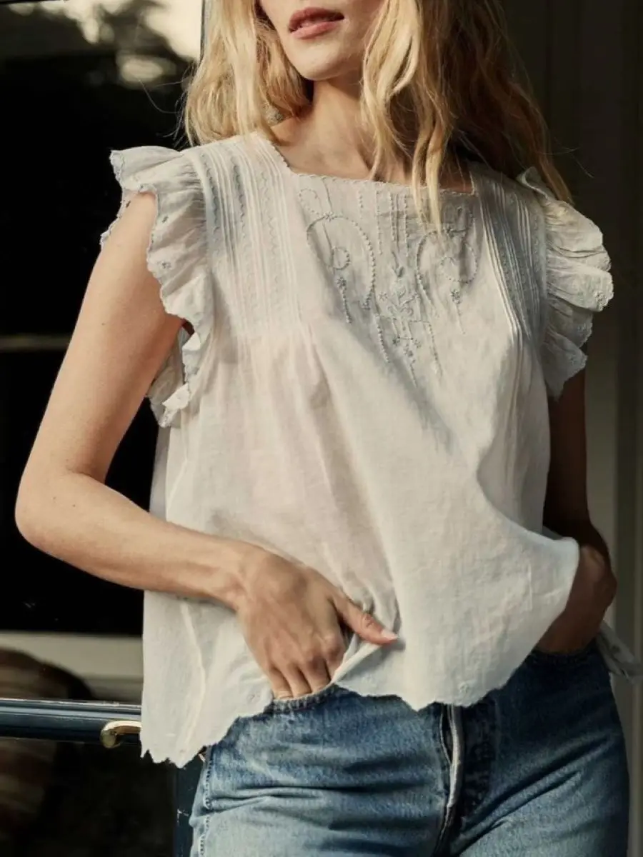 

Heavy Embroidery Women Cotton Tank Tops Square Collar Flying Sleeve Casual Female Vest