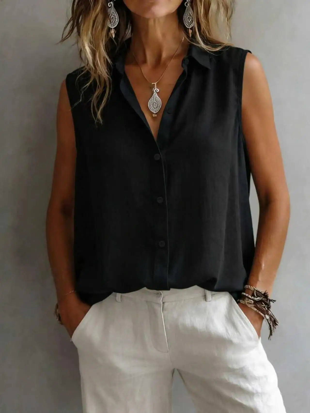 Women Sleeveless Shirt Turn‑Down Collar Button‑Front Loose Linen‑Like Casual Blouse Vest Top