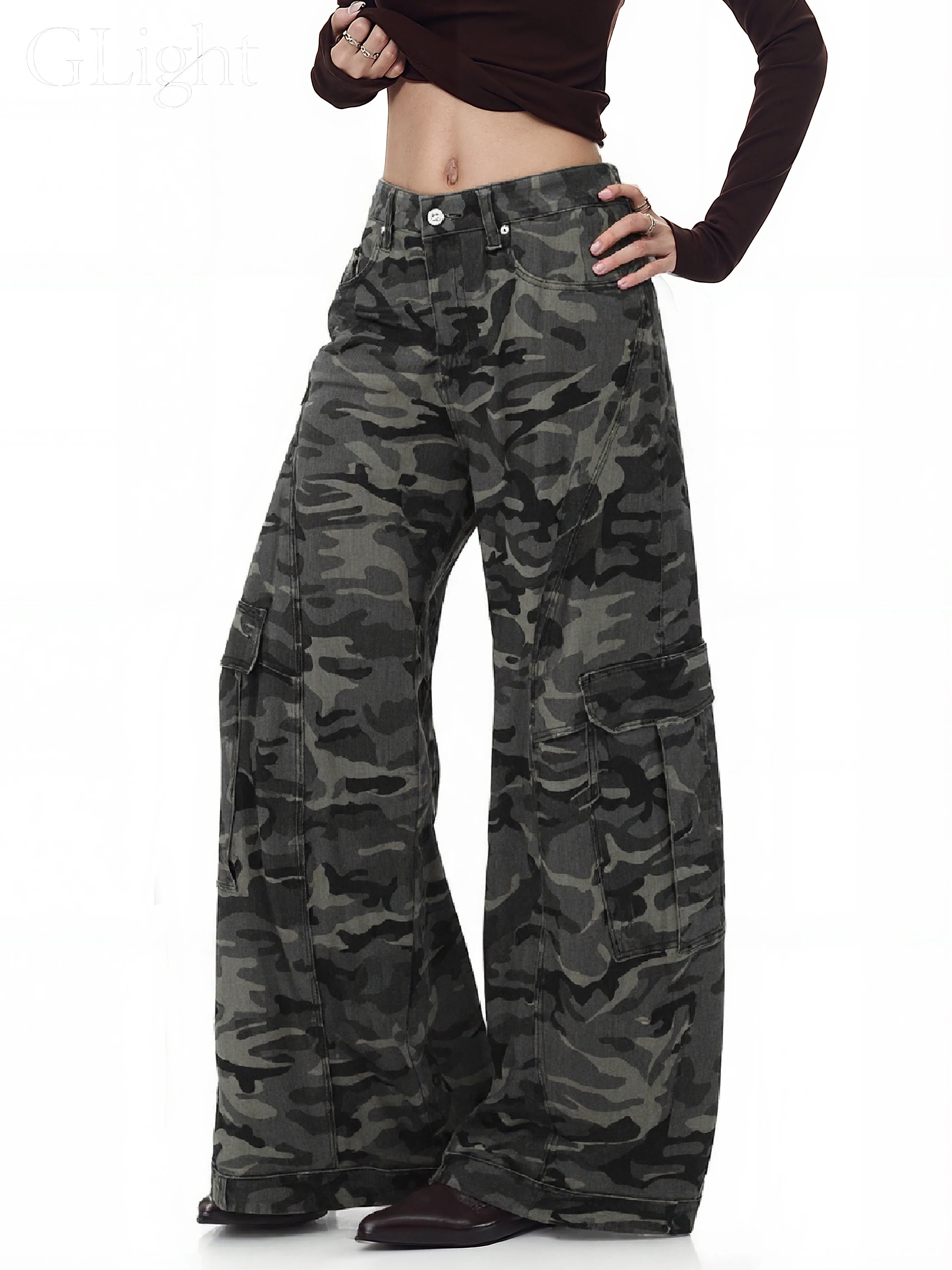 

Американский ретро камуфляжный нож, широкие джинсы для мужчин и женщин, дизайнерская свободная рабочая одежда, брюки с несколькими кетами