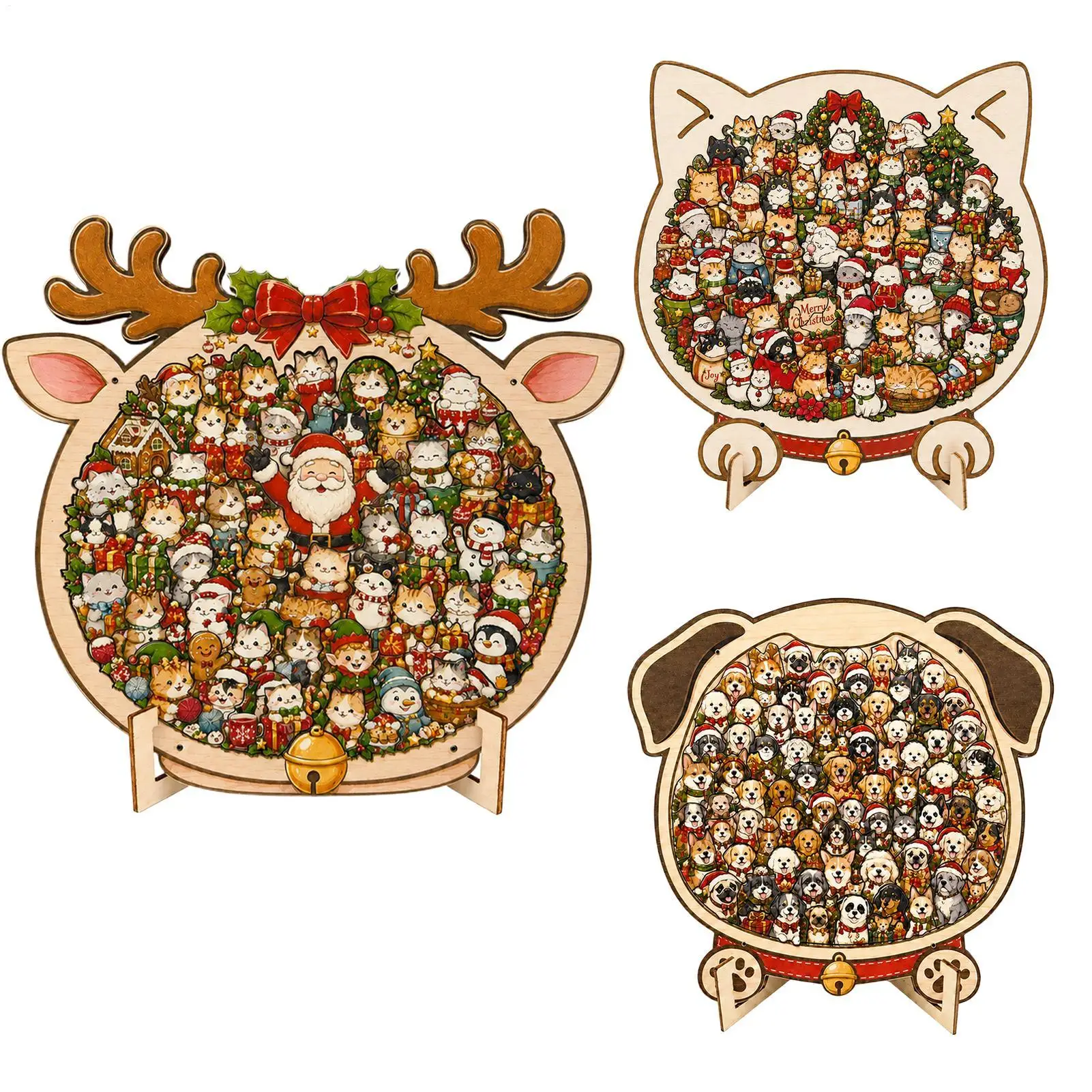 Christmas Dog Wooden Jigsaw Puzzle Over 100Pieces With Frame Acrylic Cover Stand Festival Animal Assembly Decor