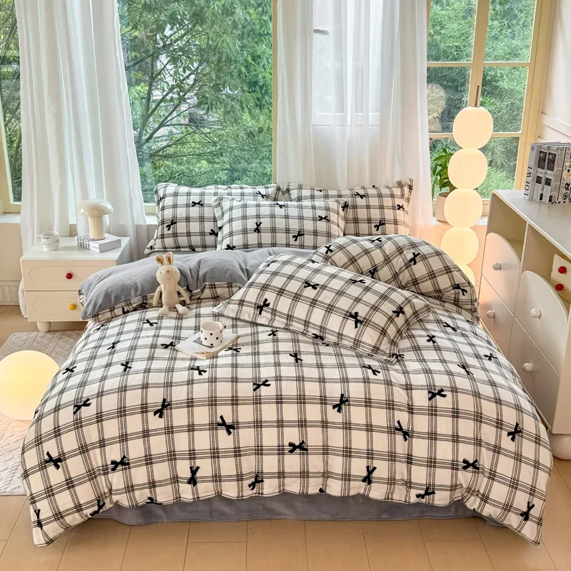 2024 Small Fresh Milk Falai Plush Single Item Quilt Cover Printed Plaid Thickened Warm Duvet Cover 180x220 200x230 220x240