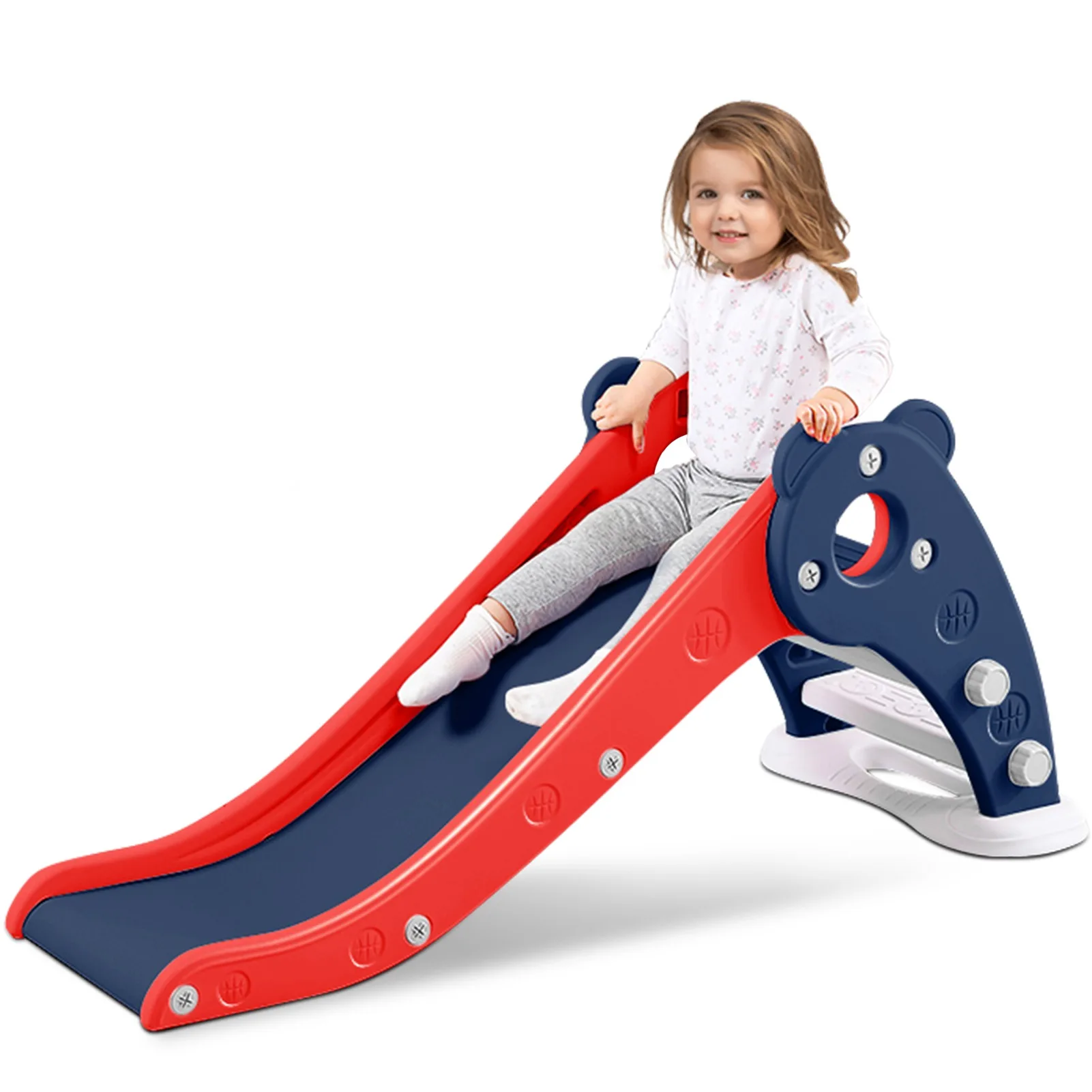 

Children Slide Blue and Red Color Cartoon Bear Design Indoor Baby Plastic Slide with Stable Base for Home and Garden