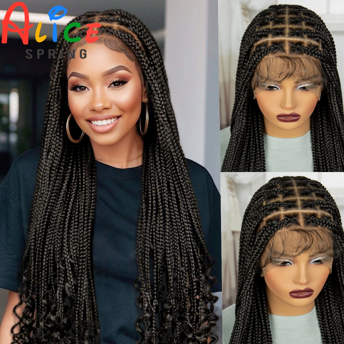 

34 Inch Natural Synthetic Braided Wigs Full Lace Braid Wigs with Curly End Knortless Box Braids Wigs with Baby Hair for Women