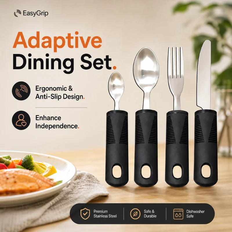Non‑Slip Rubber Plastic Handle Adaptive Tableware Set, Stainless Steel Knife Fork Spoon for Elderly Weak Grip