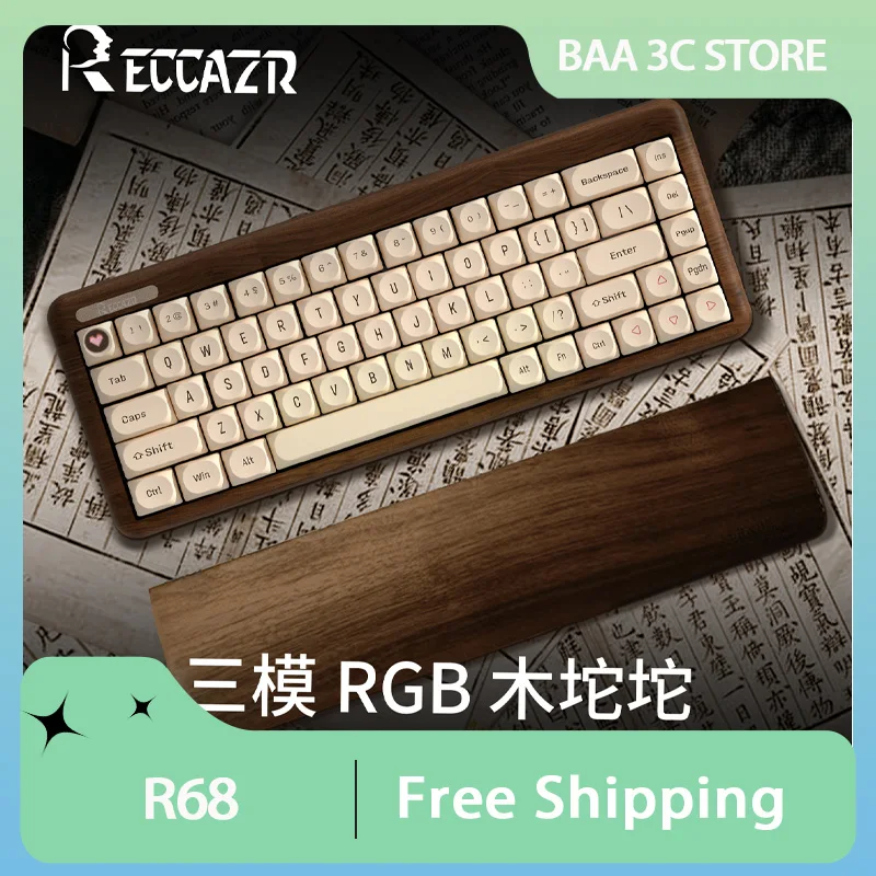 

Механическая клавиатура RECCAZR R68, трехрежимная, из орехового дерева, индивидуальная RGB с возможностью горячей замены, 4000 мАч, игровая офисная клавиатура с длительным сроком службы