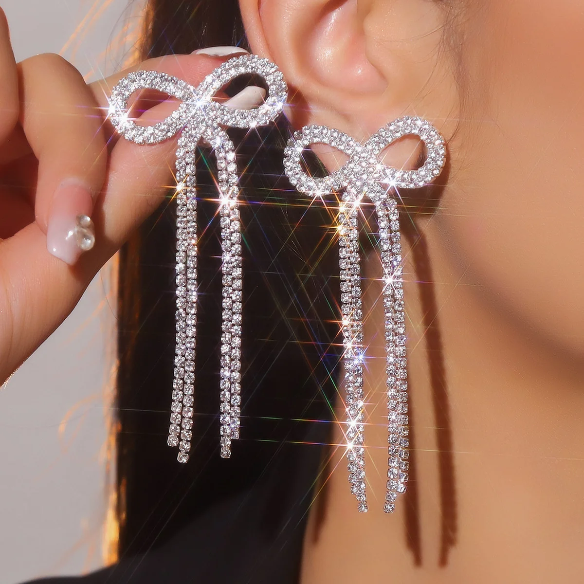 

Bow Earrings for Women Rhinestone Bow Earrings Dangle Sparkly Hot Pink Long Tassel Bow Earrings Christmas Stocking Gifts