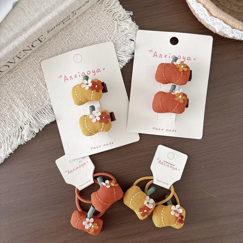 Hair Clip Hair Tie Handmade Fabric Pumpkin Embroidered Flower Kids Side Clip High Elastic Fall Small Lightweight Color As Shown