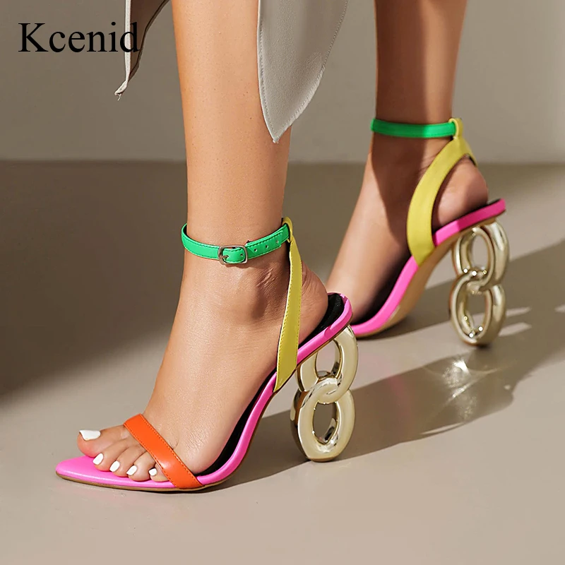 

Kcenid New Mixed Colors Hollow Out Strange Heels Gladiator Sandals Women Pointed Toe Ankle Strap Pumps Wedding Party Prom Shoes